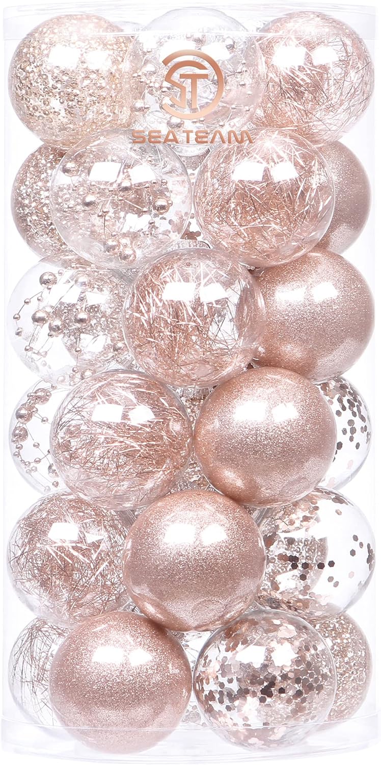 24 Count Shatterproof Clear Plastic Christmas Ball Ornaments with Gold Decorations