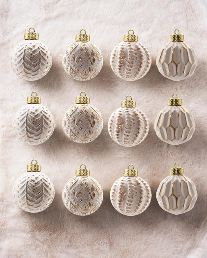 White and Gold Rustic Christmas Ball Ornaments - Set of 12