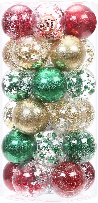 24 Count Shatterproof Clear Plastic Christmas Ball Ornaments with Gold Decorations