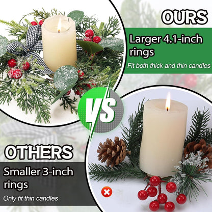 Christmas Candle Rings with Artificial Snow Buffalo Bow Leaves Berries - Set of 4