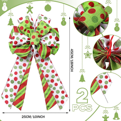 Red Green Christmas Wreath Bows - Xmas Tree Topper Bow (Set of 2)