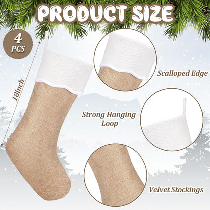 Set of 4 18 Inch Neutral Christmas Jute Burlap Stockings with Scalloped Edge