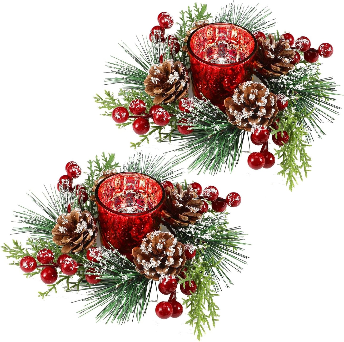 Set of 2 Glass Votive Candle Holders with Snowy Pinecone Berry Christmas Candle Rings Decoration