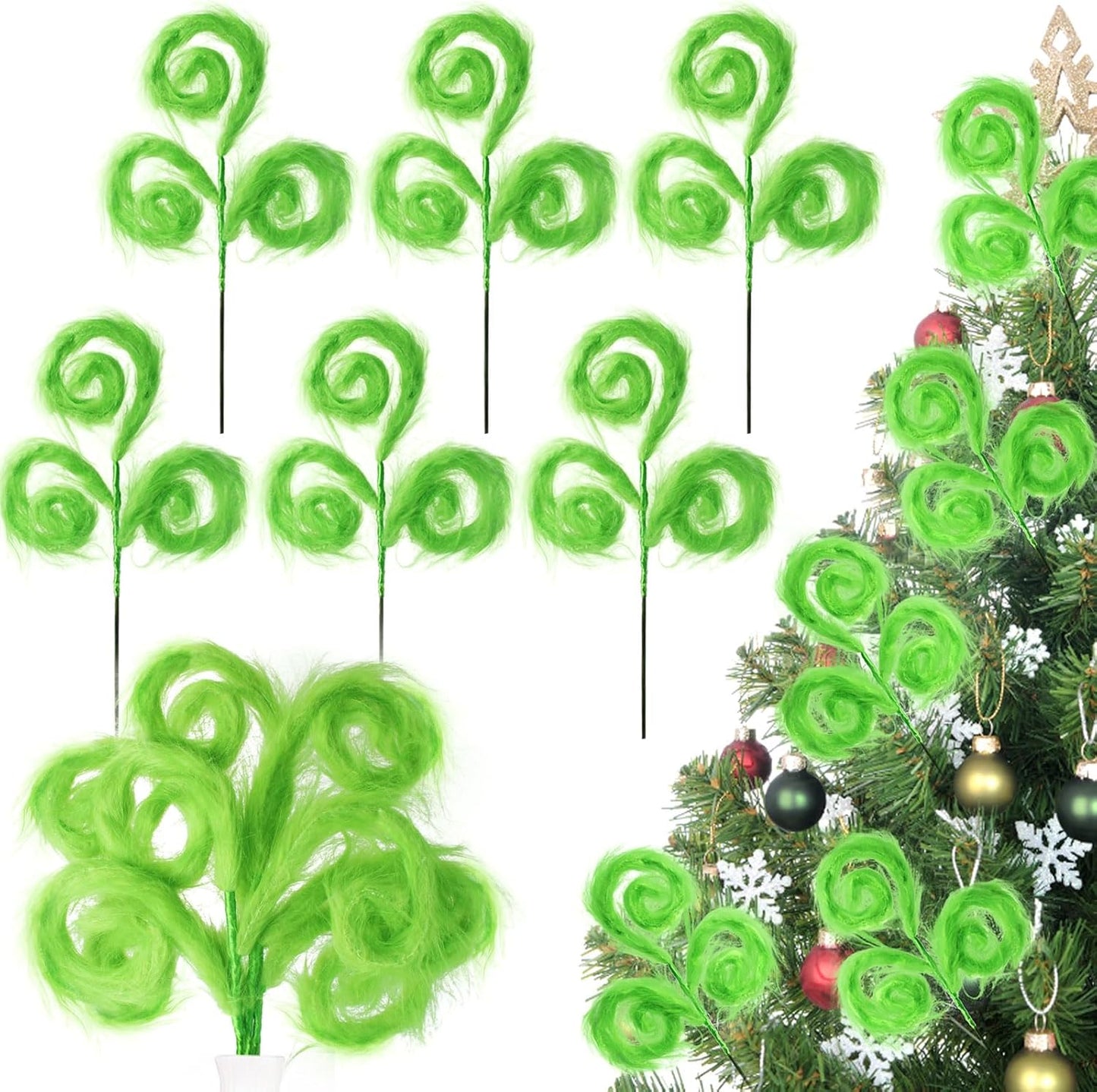 Green Furry Christmas Tree Topper and Picks Set - 6 Pieces, 17 Inch - Ideal for Holiday Decor, Wreaths, and Vases