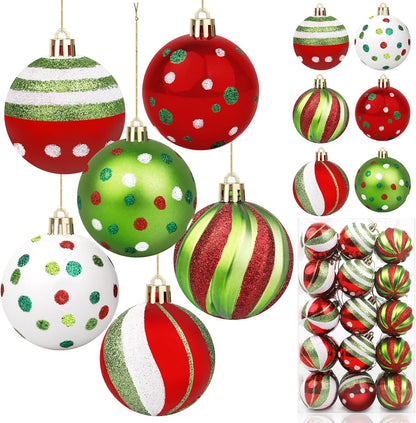 Christmas Ball Ornaments Set - Candy Cane Peppermint Swirl Red Green Bulbs