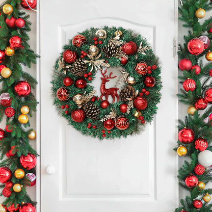 Christmas Wreath with Red Reindeer Balls, Berries, Pine Cones, and Pine Needles - Front Door or Wall Decor