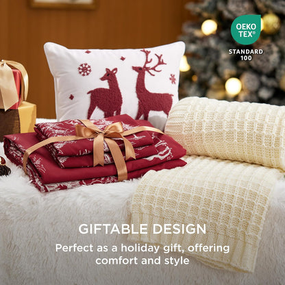 Red Forest Christmas Bedding Set - Queen Size - 5-Piece Set with Duvet Cover, Pillow Shams, Throw Blanket, and Decorative Pillow