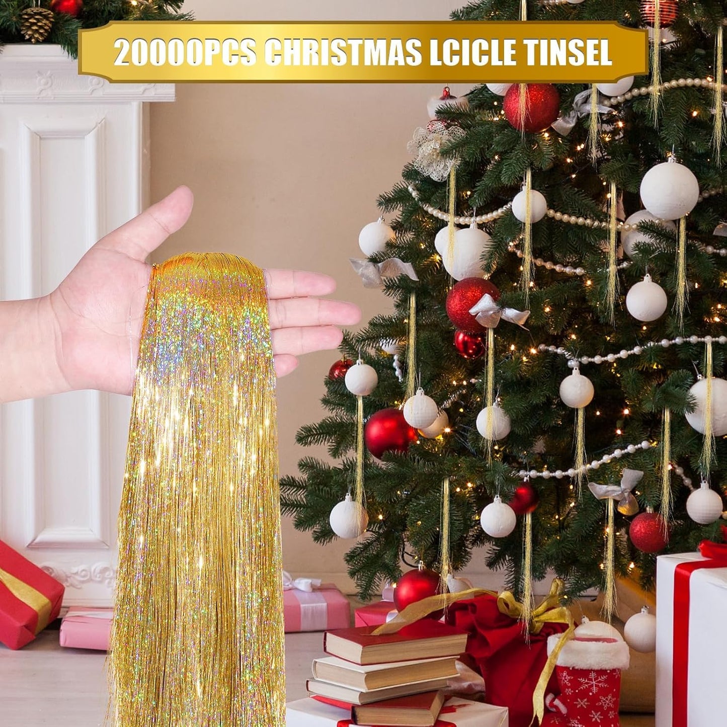 Christmas Iridescent Tinsel Icicles Gold Foil Fringe Ornaments Garland - Set of 20000