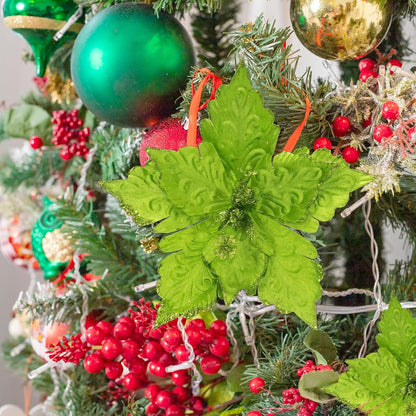 Glittery Christmas Poinsettia Flowers - Set of 6 - Green