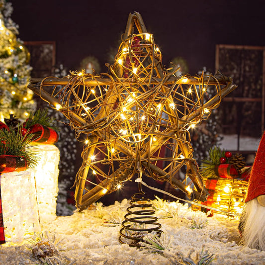 Rattan Star Christmas Tree Topper with Warm LED Lights - Indoor Christmas Decor