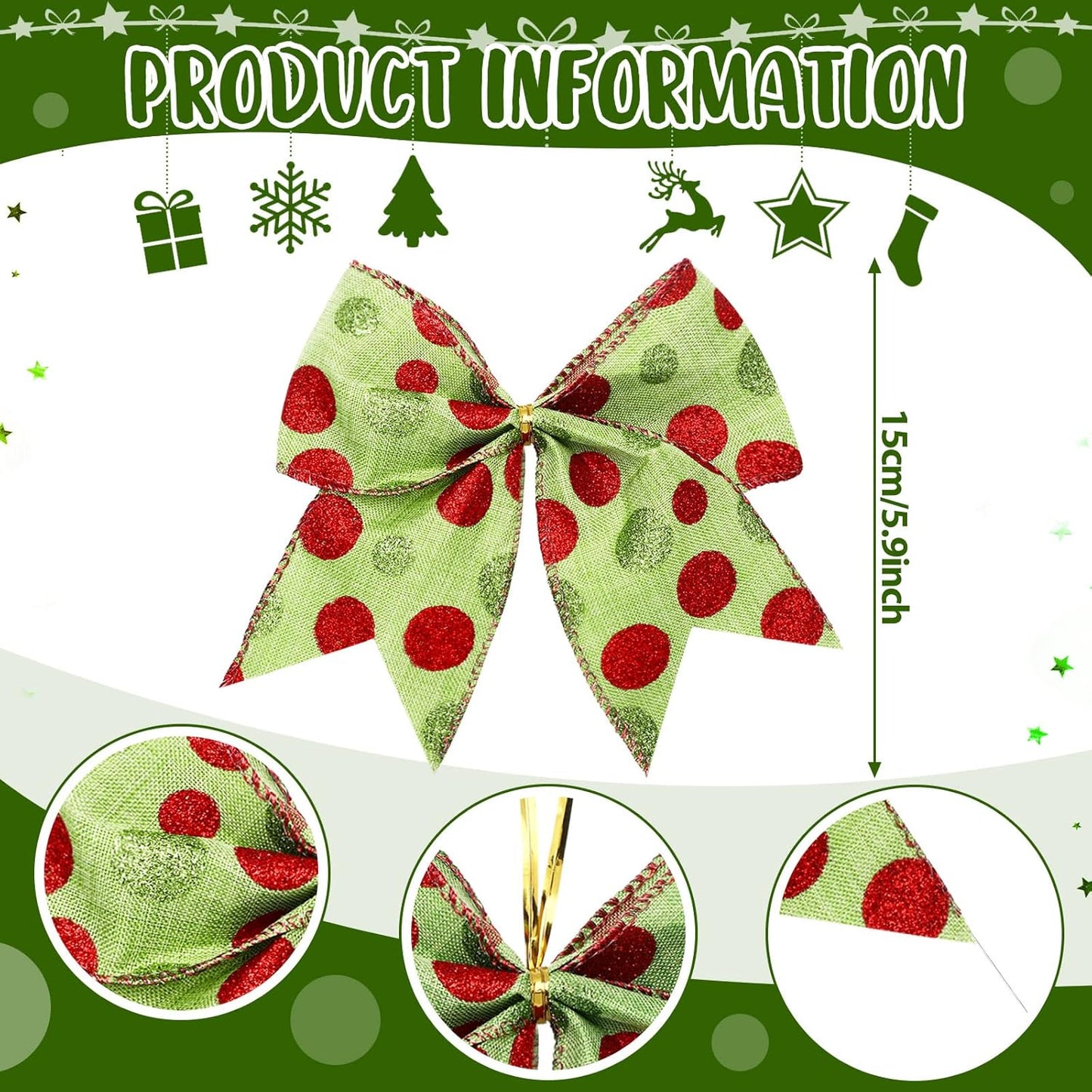 Red Green Christmas Bows Decoration - 6 Inch Large Xmas Elf Tree Dot Bows Ribbons Ornaments for Garland Wedding Party