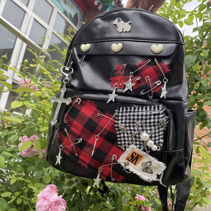 Y2K Star Leather Harajuku Punk Gothic Large PU Capacity Patch School Bag