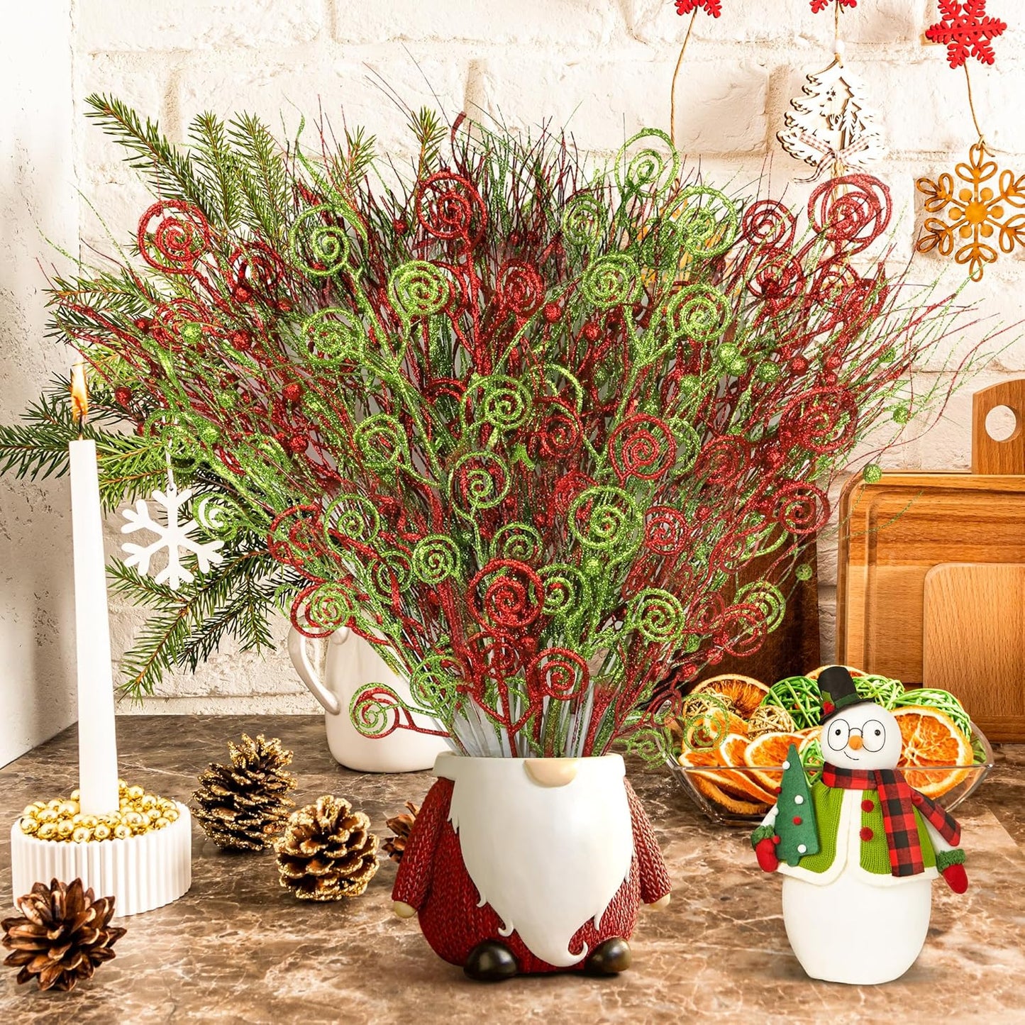 Christmas Tree Picks Decorations - Red Green Glitter Curly Berry Stems - 48PCS