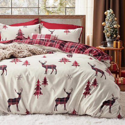 Red Forest Christmas Bedding Set - Queen Size - 5-Piece Set with Duvet Cover, Pillow Shams, Throw Blanket, and Decorative Pillow