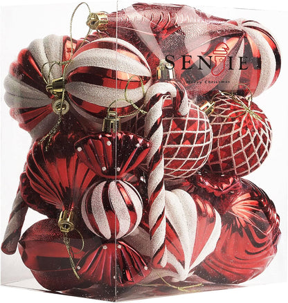 24 Red Shatterproof Plastic Christmas Ball Ornaments in Various Shapes for Xmas Tree Decor