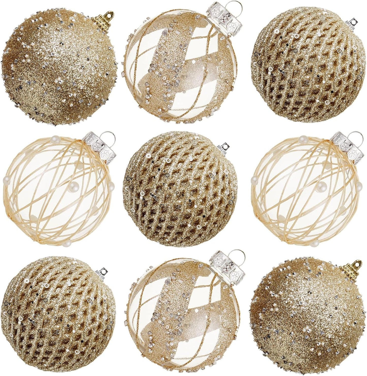 Large Shatterproof Foam Christmas Ball Ornaments - Clear Plastic Glitter Hanging Balls for Xmas Holiday Party Home Decor (Champagne) - Set of 9