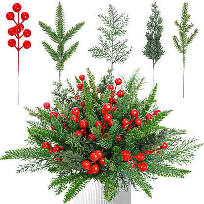 Artificial Pine Needles Branches Christmas Greenery Stems Picks with Red Holly Berries Flowers - Set of 60