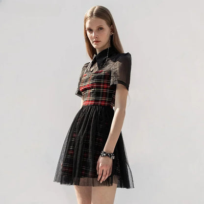 Gothic Lace Spliced Plaid Sexy A-Line Short Sleeve Dress