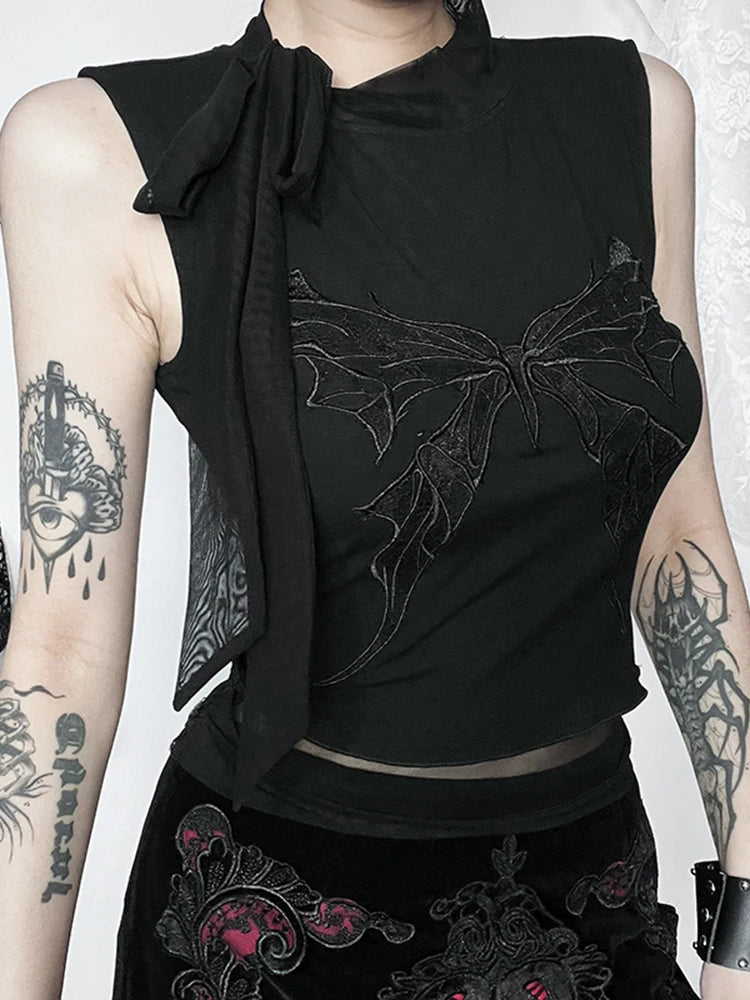 Gothic Y2K Butterfly Printed Lace-up Crop Top