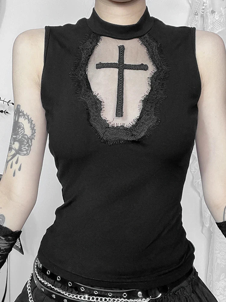 Gothic Crop See Dark Grunge Through Patchwork Mesh Alternative Cross Top