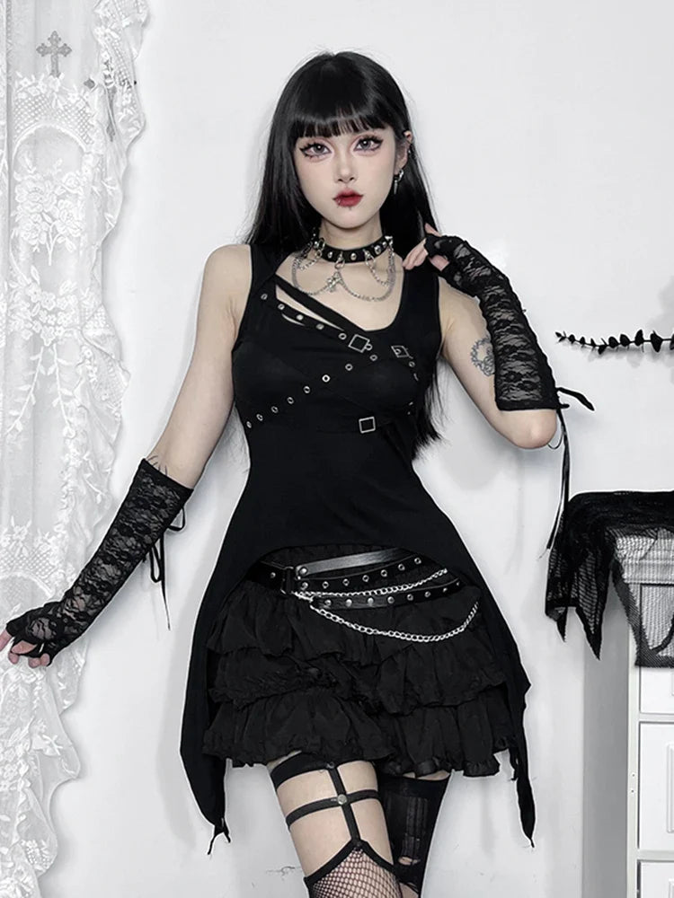 Alt Gothic Cyber Bandage Crop Eyelet Y2K Goth Top