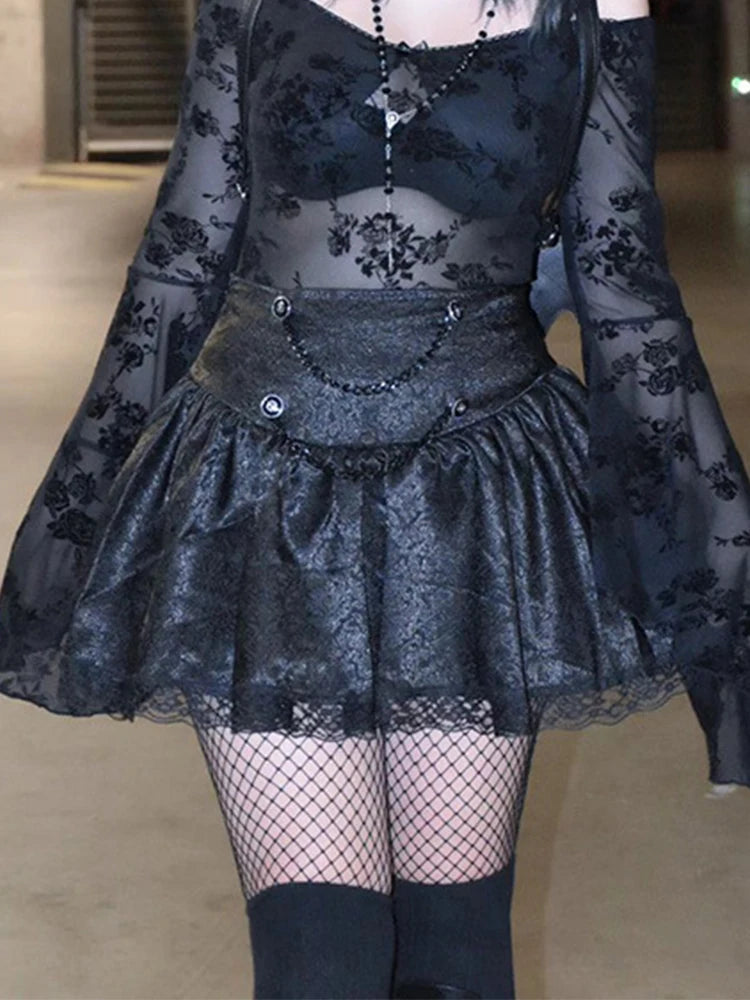 Goth AltGoth Fairycore Grunge Lace Chain High Waist Skirt