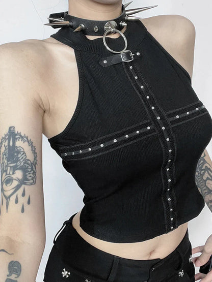 Streetwear Cyber Patchwork Crop Punk Alt Gothic Dark Grunge Black Cross Top