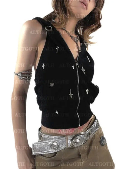 Streetwear Cyberpunk Grunge Vest Hooded Alt Cross Crop Gothic Dark Top