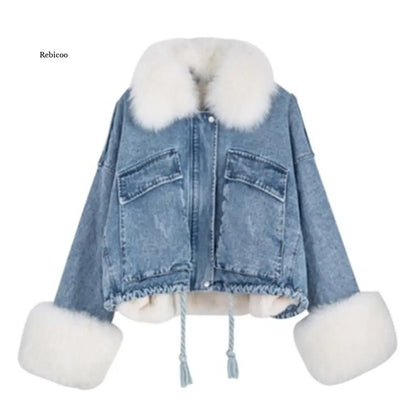 Autumn Winter Warm Faux Fur Short Denim Thicken Ladies Fashion Jackets