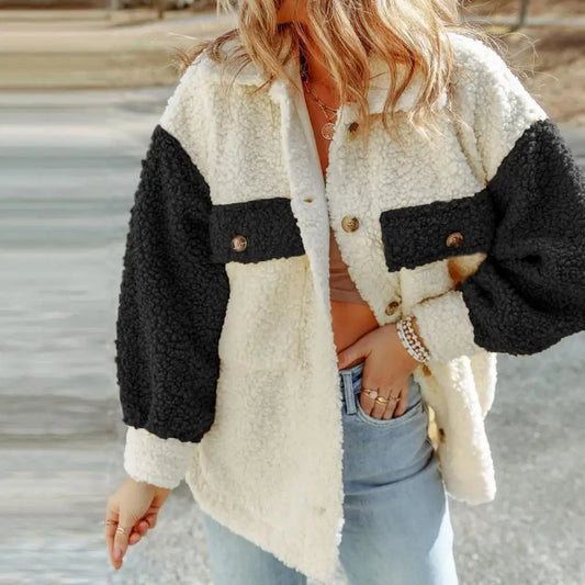 Lapel Pockets Long Sleeve Single Breasted Color Block Furry Autumn Winter Coats