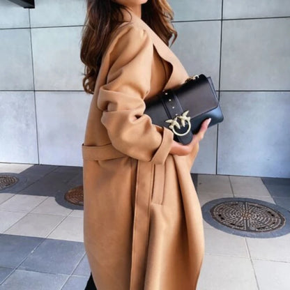 Solid Color Lapel Long-sleeved Tie Woolen Autumn Winter European American Coats