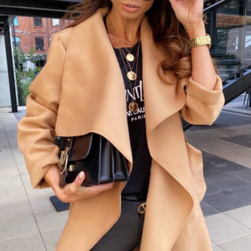 Solid Color Lapel Long-sleeved Tie Woolen Autumn Winter European American Coats