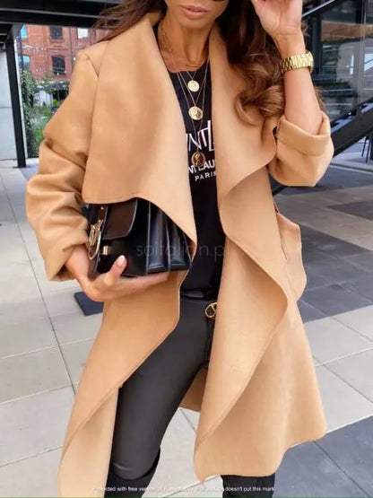 Solid Color Lapel Long-sleeved Tie Woolen Autumn Winter European American Coats