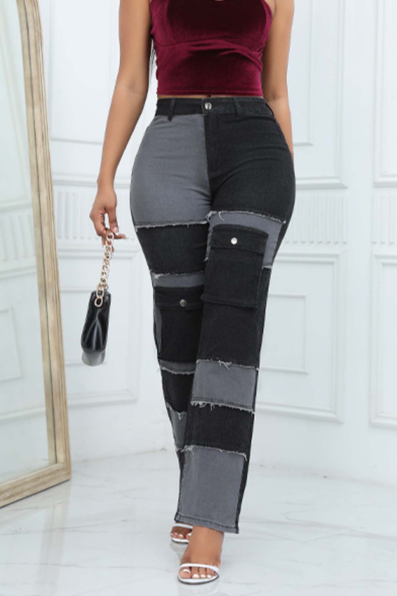 Contrast Patchwork High Waisted Jeans