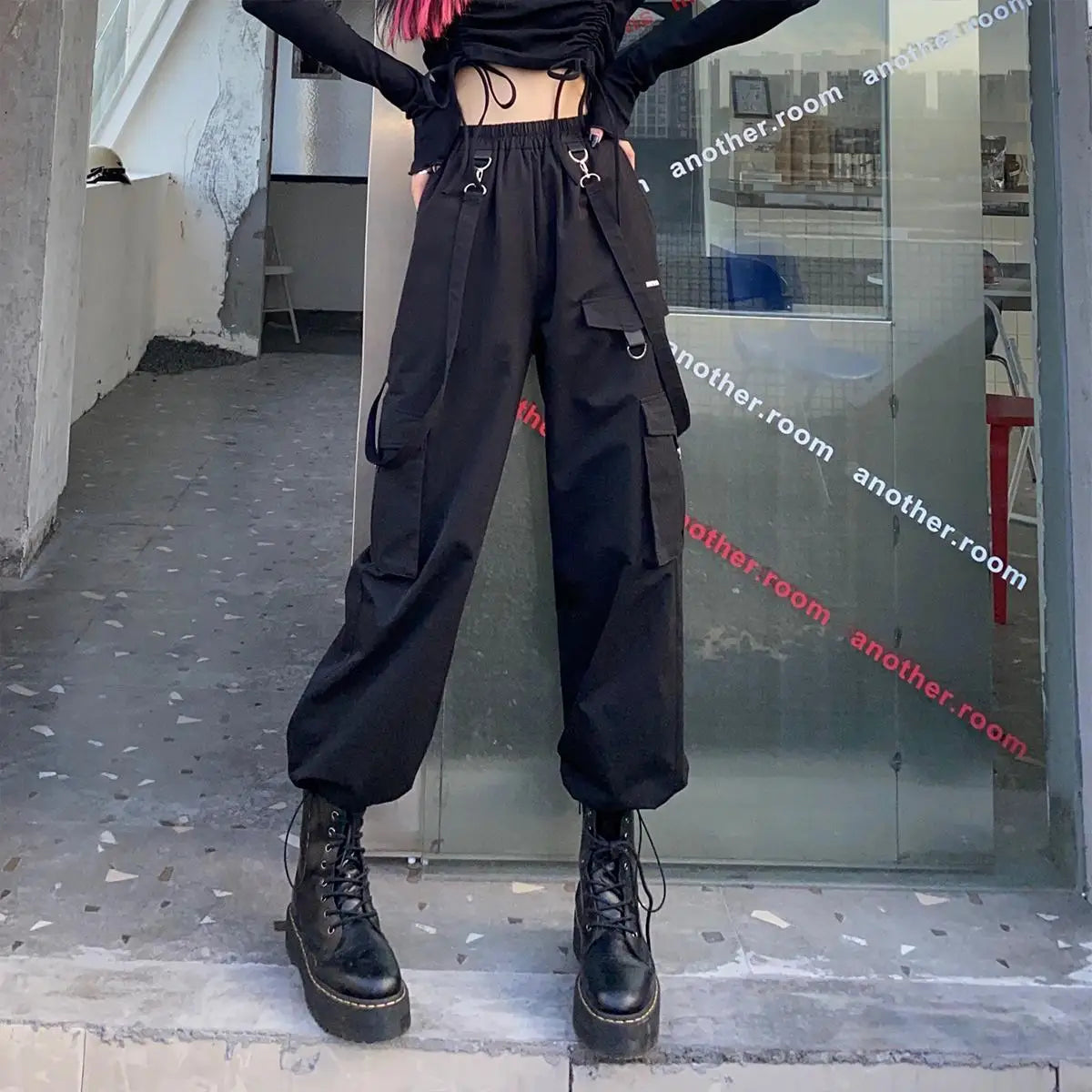 Black High Pants Streetwear Women Waist Gothic Techwear Cargo Pants