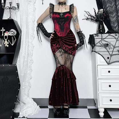 Black Fairy Grunge Gothic Velvet Lace Stitching Fishtail Skirt