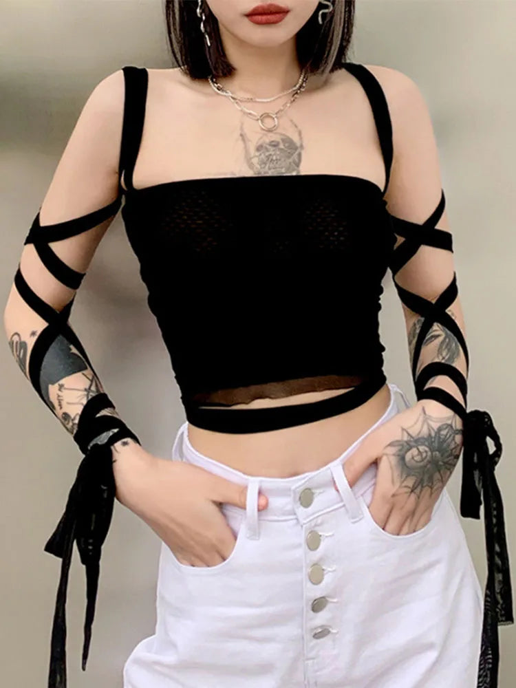 Mesh Mall Up Fairy Bandage Grunge Lace Crop Sexy Goth Y2k Cyber Top