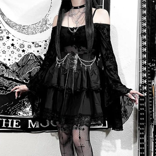 Black Mini Gothic Fairycore Irregular Cute Patchwork Drawstring Sexy Waist Women Folds Ruffle High Skirt