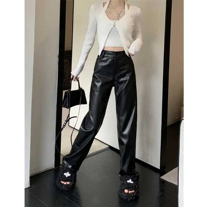 Vintage High Waist Straight Leather Solid Pockets Oversized Casual Pants