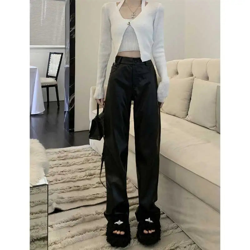 Black Pu Leather High Waist Straight Wide Fashion Streetwear Plus Size Pants