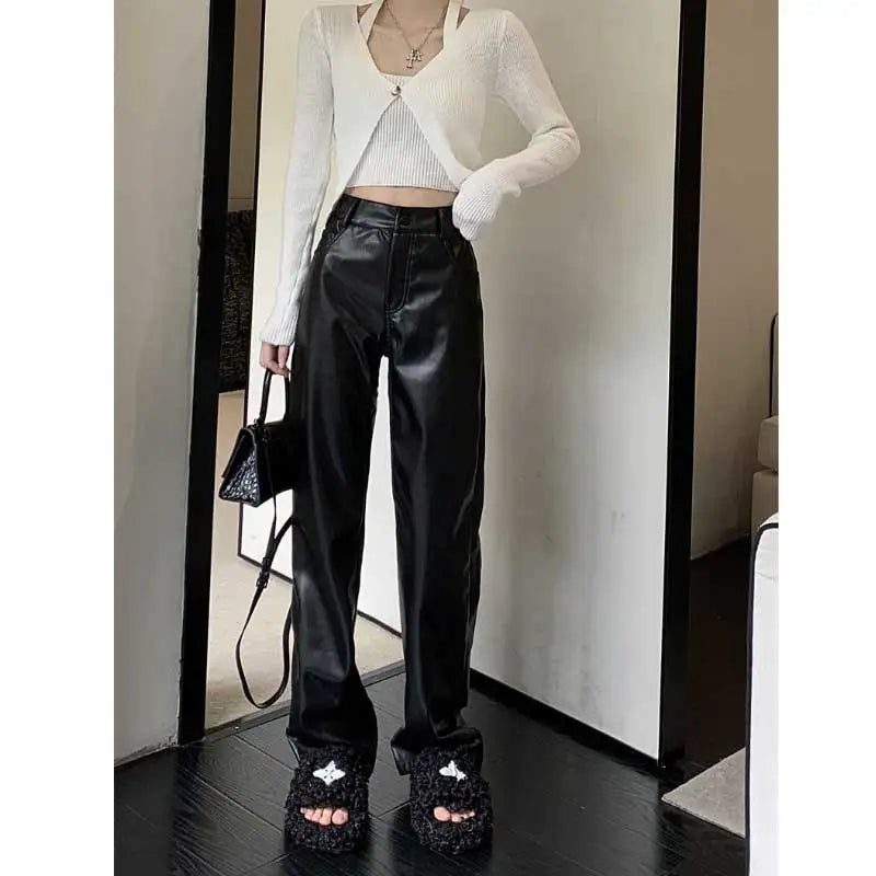 Black Pu Leather High Waist Straight Wide Fashion Streetwear Plus Size Pants