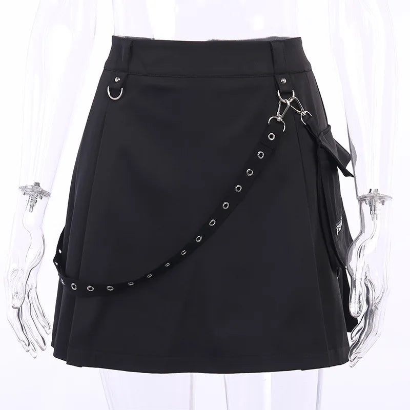 Black Functional Gothic Harajuku Goth Irregular Waist Tooling Waist High Pleated Y2k Chain A-line Skirt