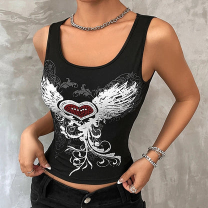 Heart Grunge Printed & Fairy Wings Dark Gothic Crop Top