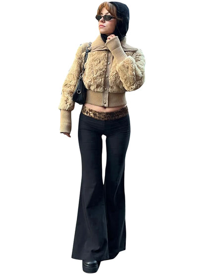 Fashionable Leopard Print Patchwork Low Waist Flared Casual Solid Pants