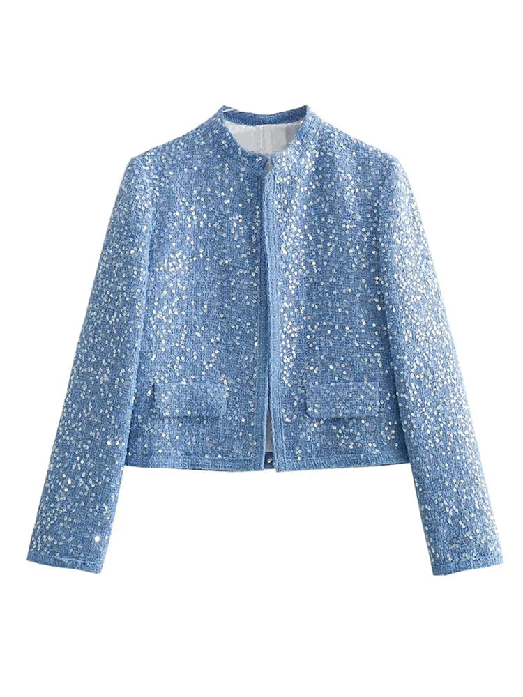 Casual Blue Sequined Round Neck Long Sleeve Fashion Coats