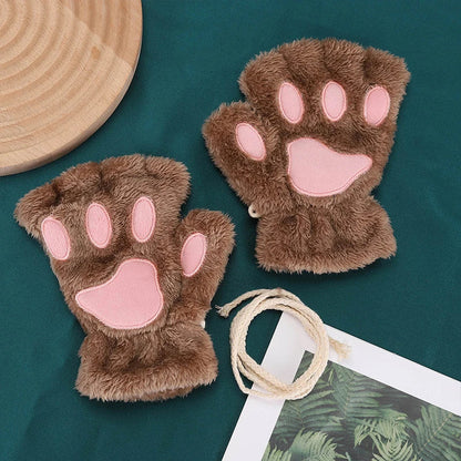 Cartoon Cat Girl Fluffy Bear Paw Winter Half Finger Christmas Gloves