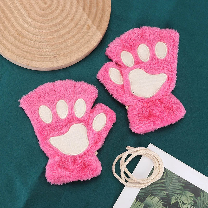 Cartoon Cat Girl Fluffy Bear Paw Winter Half Finger Christmas Gloves