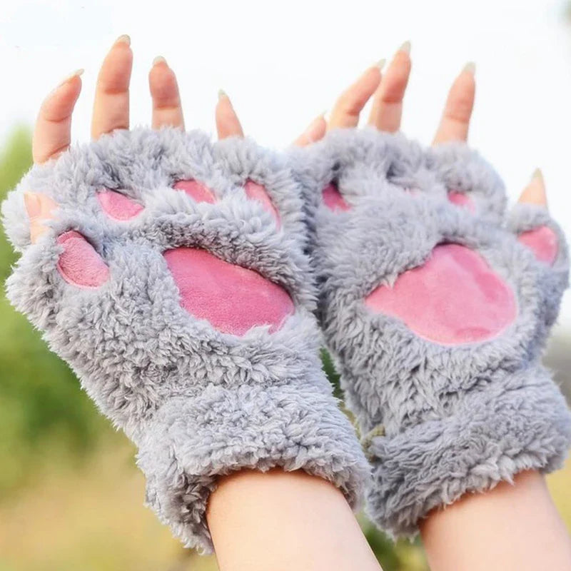 Cartoon Cat Girl Fluffy Bear Paw Winter Half Finger Christmas Gloves