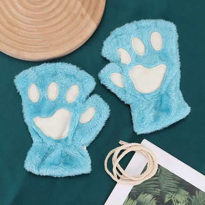 Cartoon Cat Girl Fluffy Bear Paw Winter Half Finger Christmas Gloves