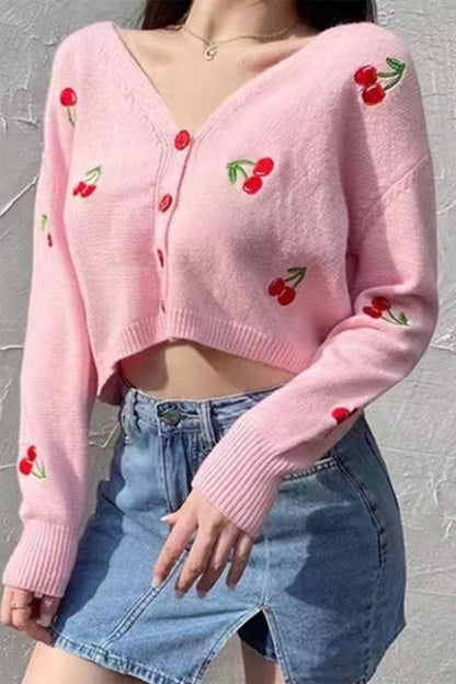 Cherry Embroidery Button-Front Cardigan